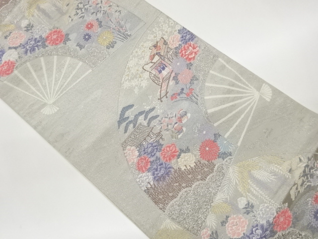 JAPANESE FUKURO OBI / PLATINUM FOIL / WOVEN FLOWER & BIRD